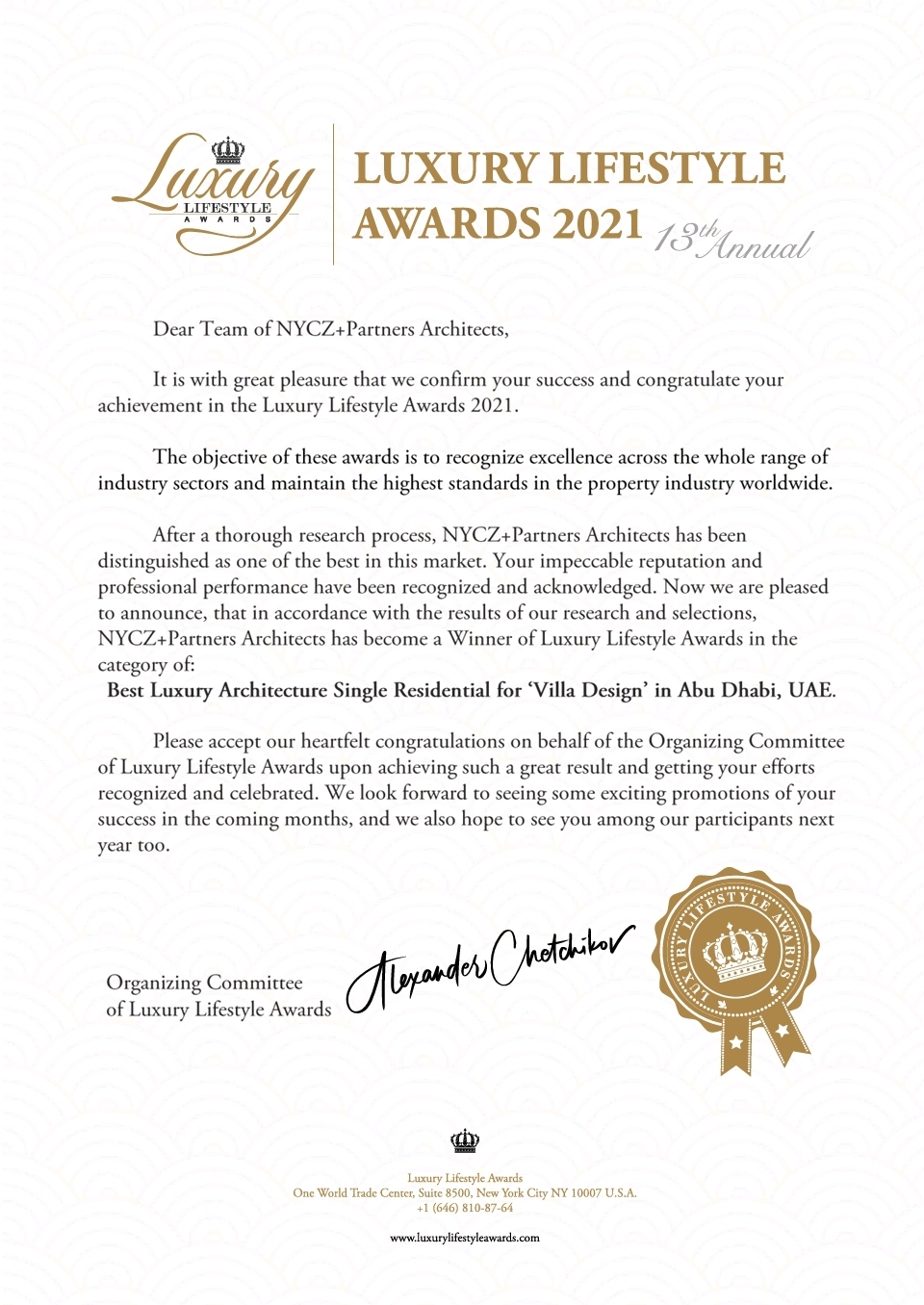 2021 · Best Luxury Architecture Single Residential — official winner letter