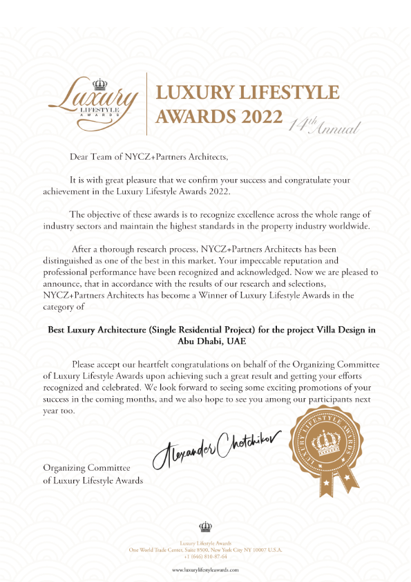 2022 · Best Luxury Architecture (Single Residential Project) — official winner letter