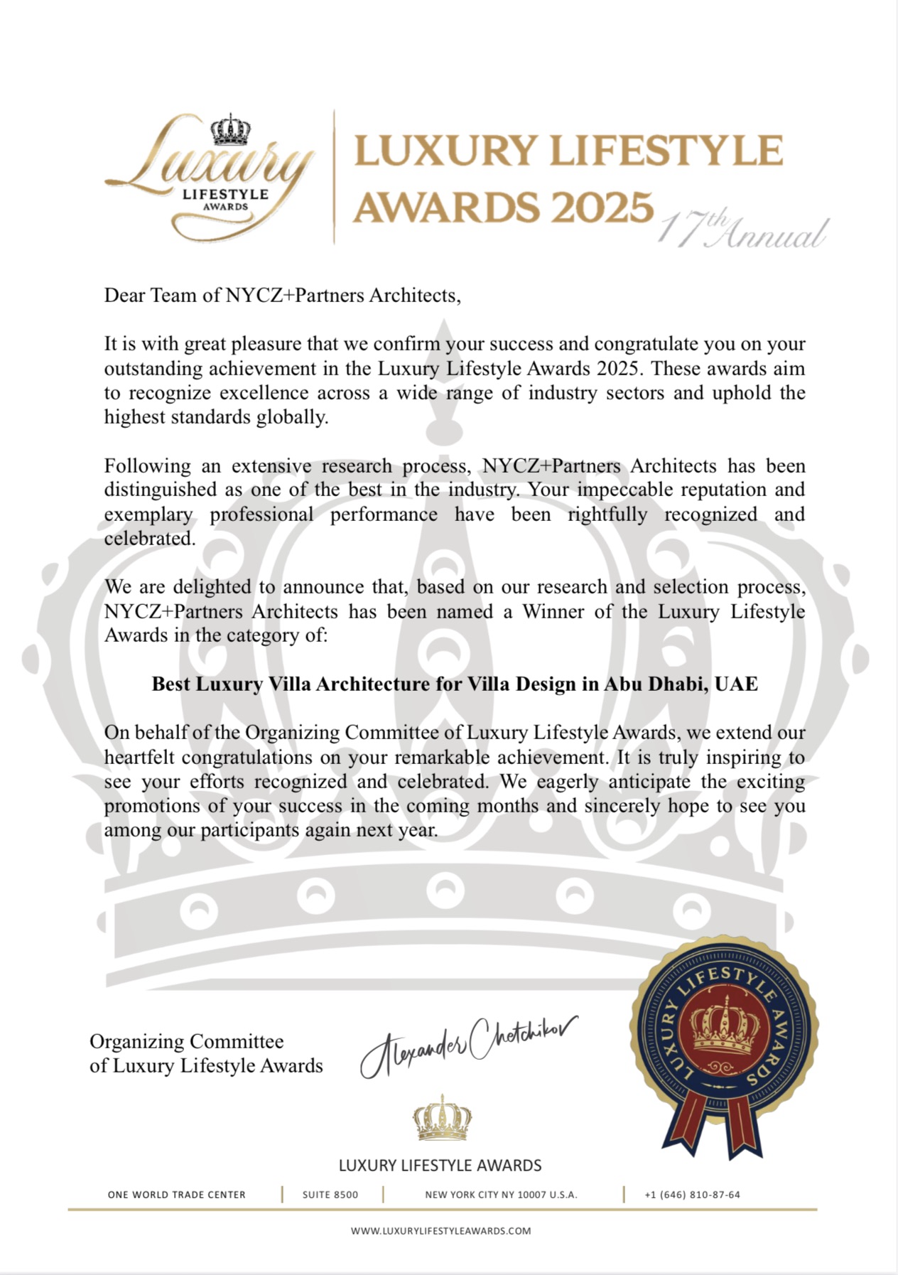 2025 · Best Luxury Villa Architecture — official winner letter