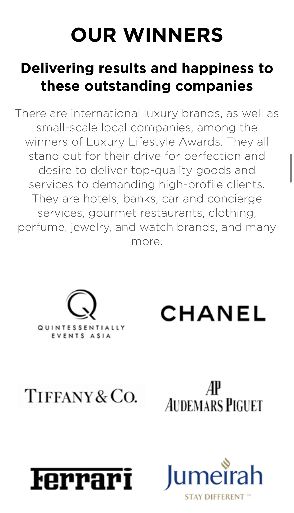 Luxury Lifestyle Awards — “Our Winners”, including Chanel and Ferrari